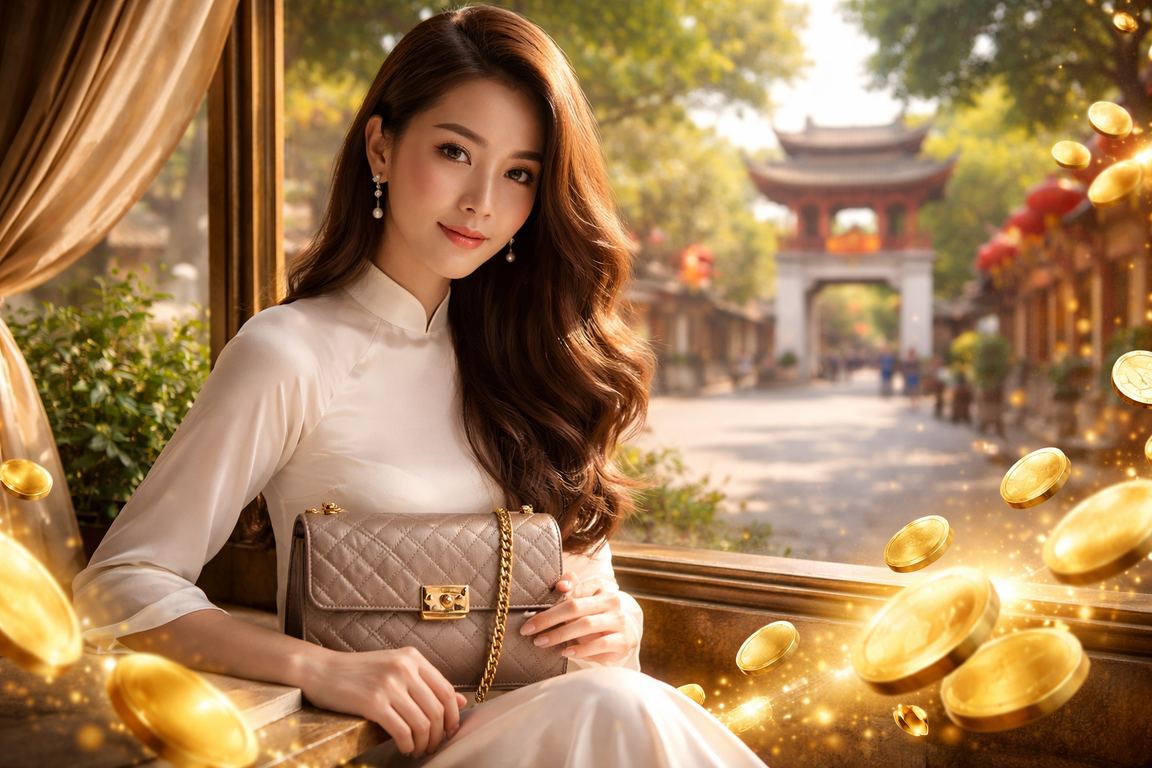 Phụ nữ Hà Nội mặc áo dài sử dụng điện thoại để nhận thưởng hoàn tiền trên ứng dụng kingbet86